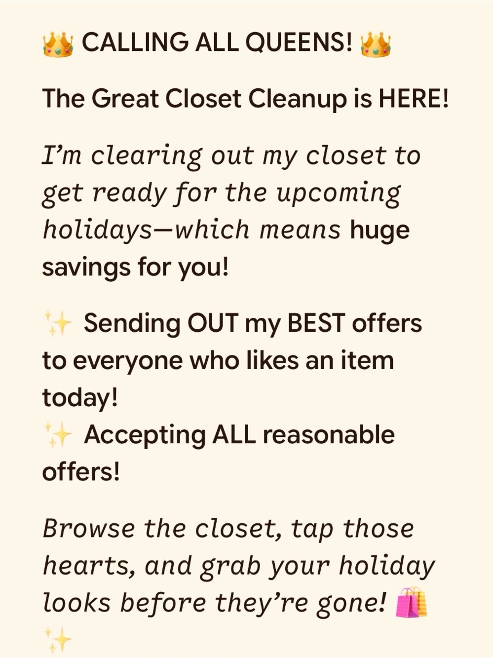 Neutral Cream Closet Cleanup Sign - Holiday Sale Notice